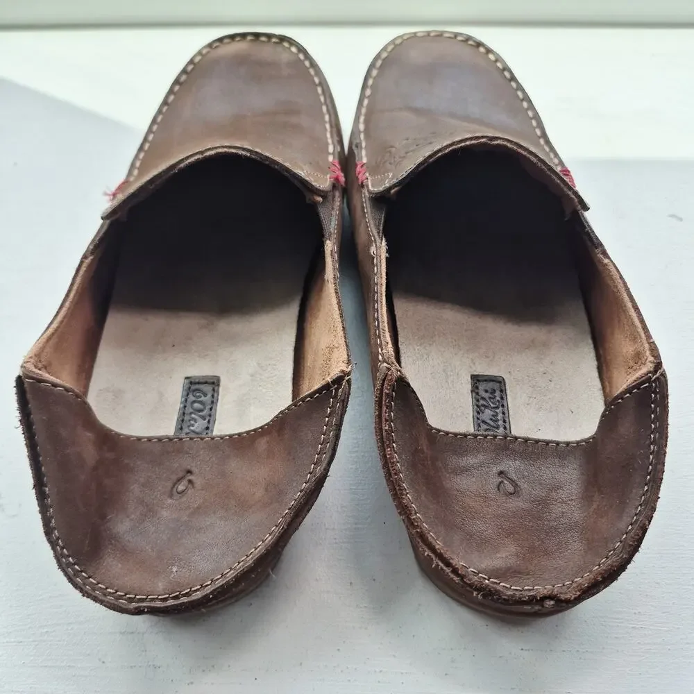Olukai Nohea Womens Shoes US 10 Nubuck Brown Leather Slip on Loafers Drop Heels - Picture 5 of 9